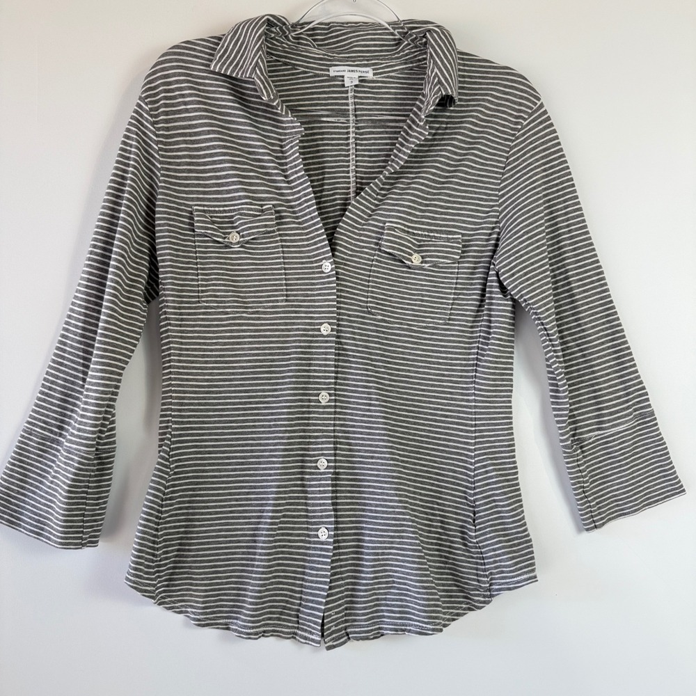 James Perse Button Down Shirt Womens 3 Gray Striped Cotton 3/4 Sleeve WCS3826 - Picture 15 of 15